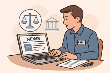Reporter Typing Legal News on Laptop with Scales and Courthouse Icons &mdash; Press Coverage & Courtroom Reporting Illustration