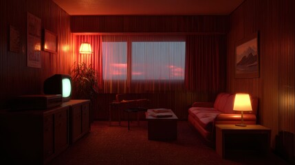 Fototapeta premium Retro lounge bathed in red ambient light, featuring wood paneling, vintage furniture, and an old television set. A sunset glows in the window.