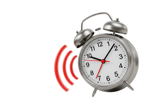 Classic silver alarm clock ringing with sound waves on black background - Powered by Adobe