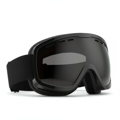 Black ski goggles with dark tinted lens and adjustable strap three quarter view isolated on light background