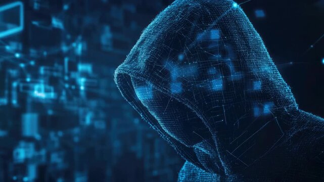 Hooded figure with digital network background Concept of cybersecurity and hacking
