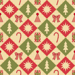 Festive Christmas Geometric Seamless Pattern with Red and Green Diamond Shape on Beige Background. Season Greetings Wallpaper.
