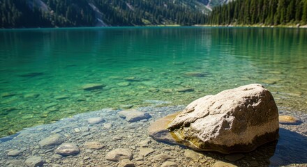 Tranquil mountain lake scenery with crystal clear water and surrounding forest reflecting in the