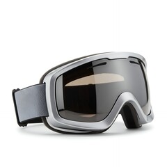 Gray framed winter sports goggles with mirrored reflective lens and adjustable strap for skiing and snowboarding adventures