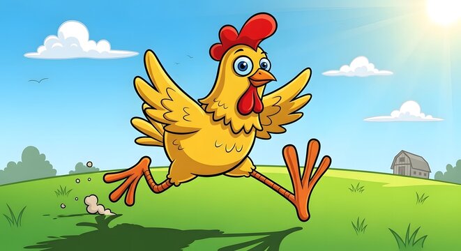 Happy cartoon chicken running gleefully through a sunny green field on a farm. Vector illustration of a free-range bird in a rural landscape