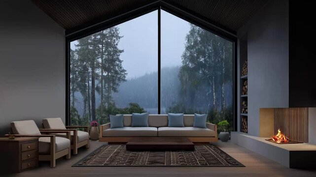 modern living room with fireplace, endless looped background animation, cozy smooth raining outside