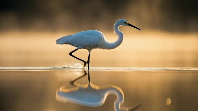 White egret wading in shallow water with reflection at sunset in a golden light setting scene bird video
