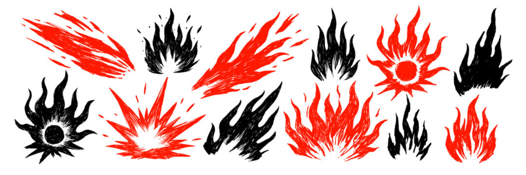 Fire flame explosion shapes hand drawn doodle set