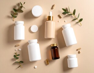 Assorted health and beauty products arranged on a beige surface