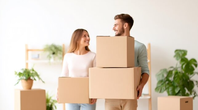 Happy caucasian man and woman relocating to new house together. Young couple moving boxes. Real estate property. Moving day concept.