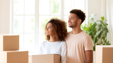 Happy young african american woman and man daydreaming looking away, standing in new home among boxes. Couple moving to new apartment.