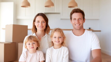 Young smiling woman, man, girl, and boy in a new house. Happy family on moving day, home ownership concept for realty.
