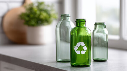 Hopeful circular economy concept showing glass bottle recycling for waste management and resource efficiency on kitchen counter