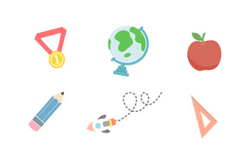 Flat School Icon Set with Medal, Globe, Apple, Pencil, Rocket, and Triangle Ruler Vector Illustration