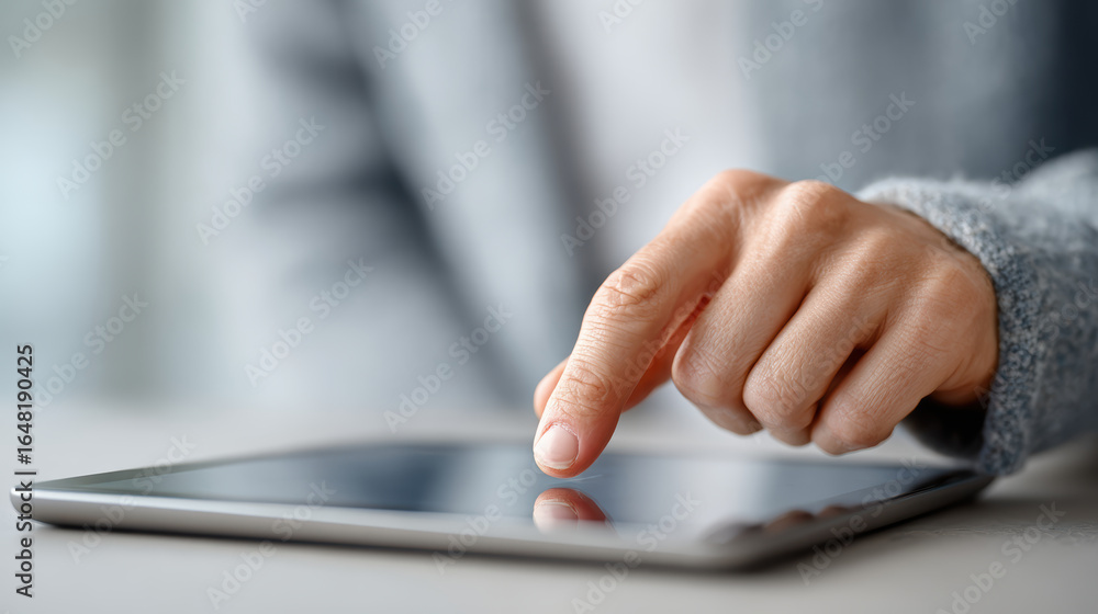 Poster focused person hand tapping level up button on sleek tablet screen. this interaction shows progress,