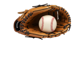 close-up of a baseball glove holding a white baseball with red stitching on a black background