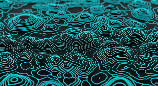 Abstract topographic map illustration with glowing contour lines, digital art background
