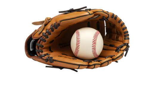 close-up of a baseball glove holding a white baseball with red stitching on a black background