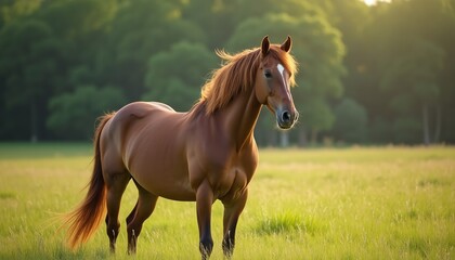 Fototapeta premium Majestic Brown Horse in Meadow