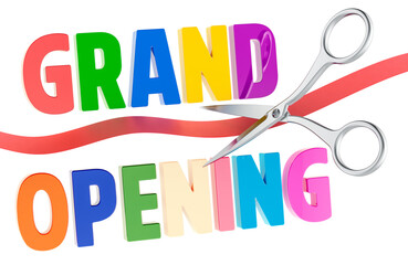 Grand Opening concept with ribbon and scissors. 3D rendering