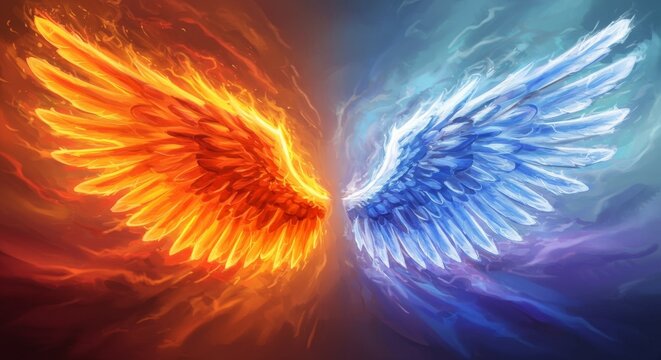 Dual nature abstract digital artwork featuring fiery and icy wings in balance