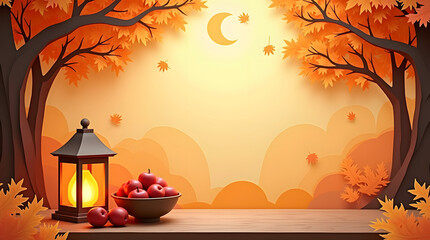 Warm Autumnal Scene: Lantern, Apples, Paper-Cut Trees, and Moonlit Hills