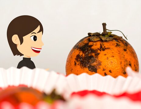 Cartoon woman examines a fruit