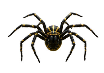 Close-up of a black and yellow spider isolated on a black background showcasing detailed features