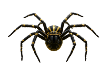 Close-up of a black and yellow spider isolated on a black background showcasing detailed features