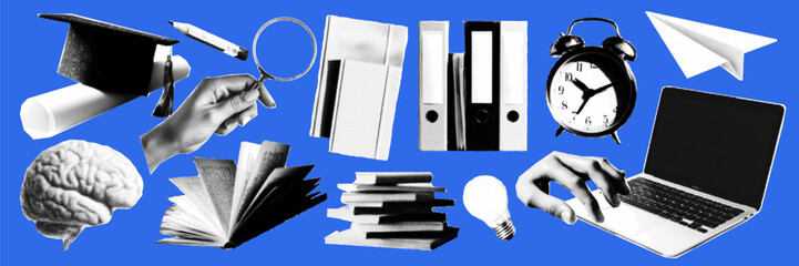 Educational collage with books, graduation cap, brain and laptop in pop-art design