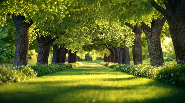 Serene Path Sunlit Trees Green Grass Landscape.