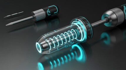 A futuristic screwdriver with glowing blue accents and a transparent magnetic field visualization tool silhouette © SyedMuavizur