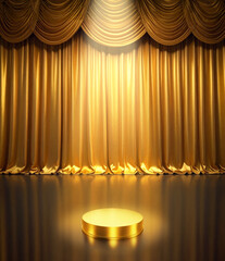 金色のカーテンとスポットライトの当たる台座