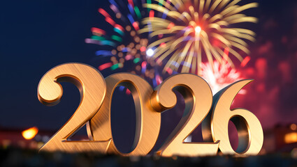 Golden 2026 year with colorful fireworks in the night sky celebration