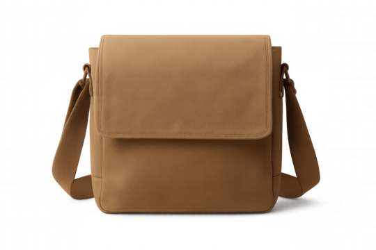 Studio shot of a stylish brown messenger bag, isolated on a transparent background, ideal for showcasing designs or adding a touch of practicality to compositions
