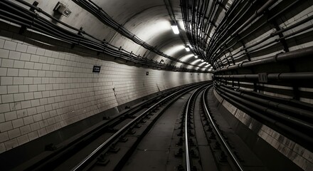 Eerie view inside a subway tunnel with converging tracks and overhead pipes and cables