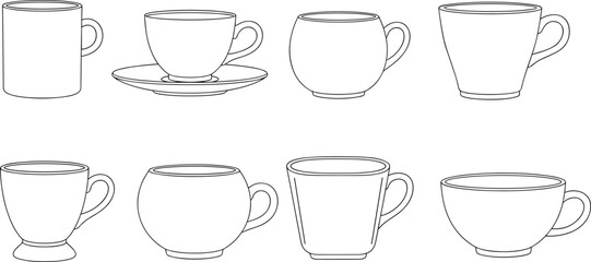 Cup silhouette vector set, mugs, teacups, goblets, round and conical designs, black icons, handle variations, drinkware illustration pack