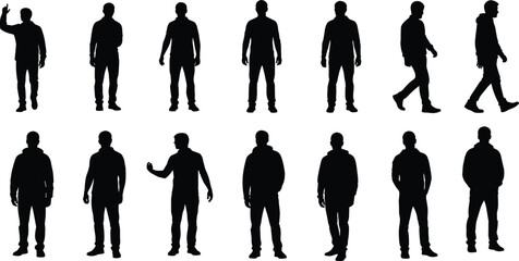 Human pose silhouette vector set, standing, walking, gesturing figures, black minimal icons, motion and posture illustration, character design asset
