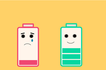 Happy and sad battery faces. Low level red battery, full level green battery