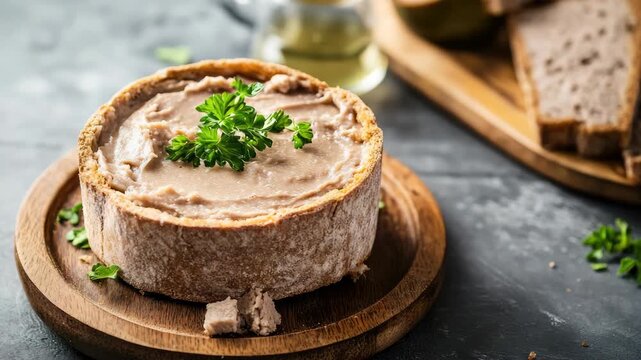 Rustic bread bowl filled with creamy pate and garnished fresh parsley, served on wooden board
