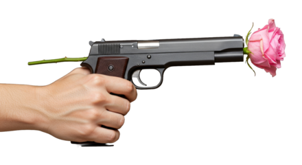 close up hand holding a gun shooting a rose, no war, symbolism png