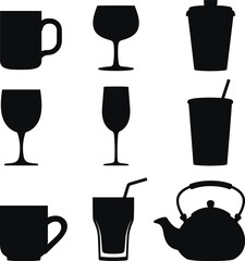 Drinkware silhouette vector, mugs, wine glasses, cocktail shaker, teapot, flat cad drawing, minimal style, kitchen items, isolated illustration