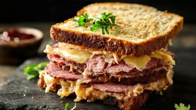 Sandwich with corned beef, cheese, sauerkraut, and dressing on toasted bread