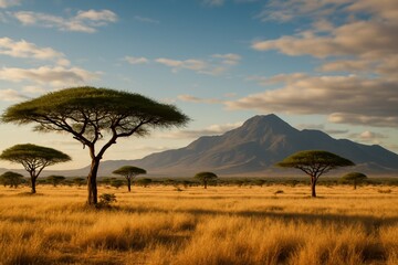 Obraz premium Breathtaking African savanna landscape with acacia trees silhouetted against dramatic mountain backdrop