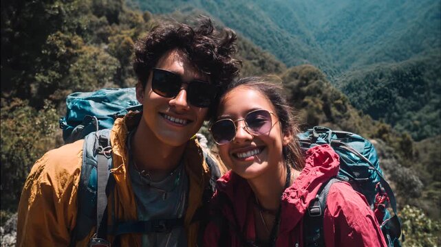 Happy hispanic hikers posing for photo in mountain landscape