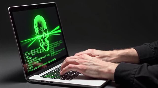 A hacker's hand using a laptop, with a skull icon and binary code reflected on the screen.
