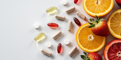 Vibrant assortment of assorted vitamin capsules and fresh citrus fruits and strawberries on a clean white background for healthy living concept