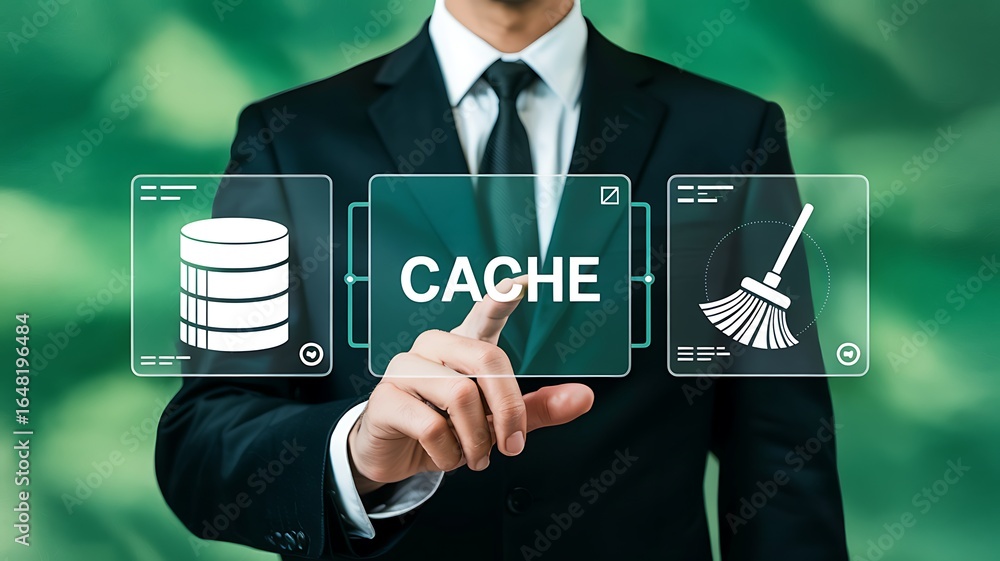 Poster businessman s finger touches a digital screen displaying the word cache with icons representing data