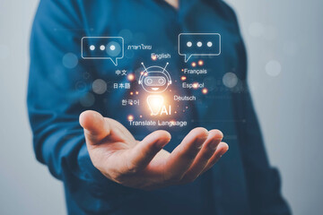 Artificial intelligence technology enabling automatic language translation. Global language translation and international connections powered by AI applications and smart systems.