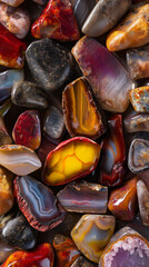 Agate Jewels Stones Collection Mineral Design Shiny Pebbles Background Colorful Gemstones Nature Rock Texture Artistic Drusy Abstract Red Yellow Brown Blue 